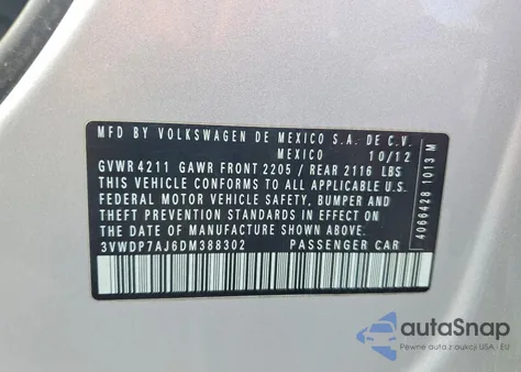 2013 Volkswagen Jetta Se z USA, uszkodzony, nr VIN 3VWDP7AJ6DM388302